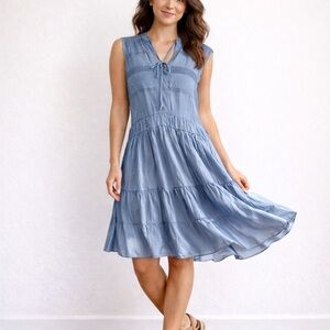 Mustard Seed, Shimmering Blue Lace Boho Dress Tiered Lined Elastic Waist, Size M